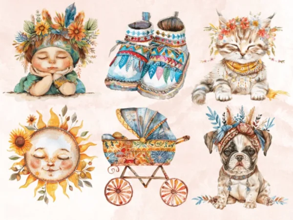 70 PNG Watercolor Bohemian Newborn Clipart | Boho Baby Shower Illustration | Cute Boho Nursery PNG | Gender Reveal Party Sublimation