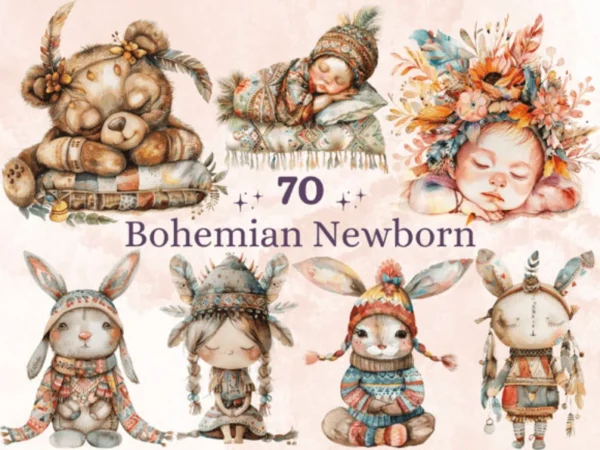 70 PNG Watercolor Bohemian Newborn Clipart | Boho Baby Shower Illustration | Cute Boho Nursery PNG | Gender Reveal Party Sublimation