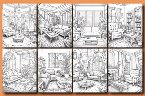 200 Interior Designs Coloring Pages for Adults | Volume 1 | Printable Digital Download & KDP Ready