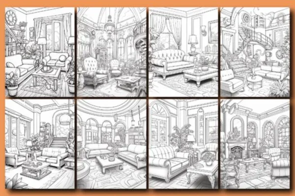 200 Interior Designs Coloring Pages for Adults | Volume 1 | Printable Digital Download & KDP Ready