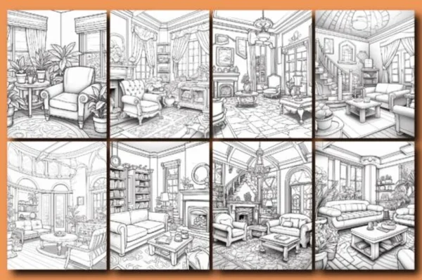 200 Interior Designs Coloring Pages for Adults | Volume 1 | Printable Digital Download & KDP Ready