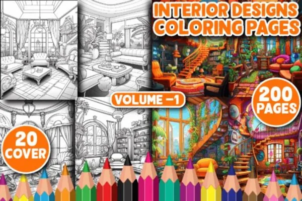 200 Interior Designs Coloring Pages for Adults | Volume 1 | Printable Digital Download & KDP Ready