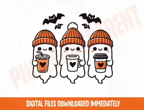 Cute Coffee Ghosts PNG, Halloween Ghost Design, Cozy Autumn Ghosts, Spooky Coffee PNG, Halloween Sublimation