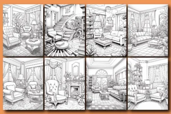 200 Interior Designs Coloring Pages for Adults | Volume 1 | Printable Digital Download & KDP Ready
