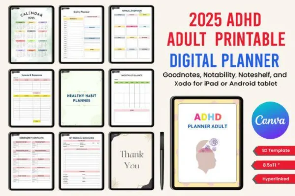 2025 ADHD Digital Planner for Adults | Printable & Editable Canva Interior